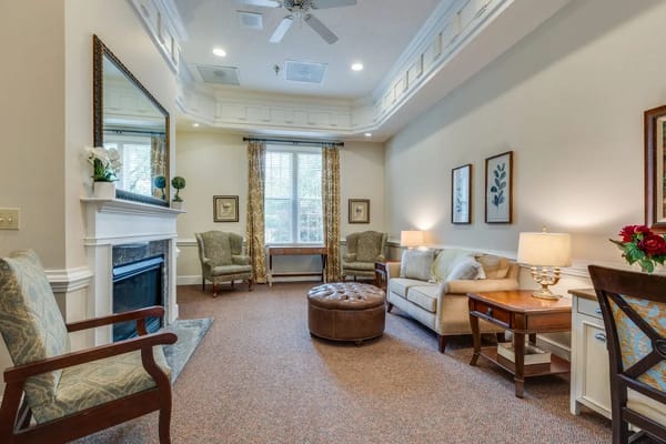 Comfortable living room with seating and fireplace