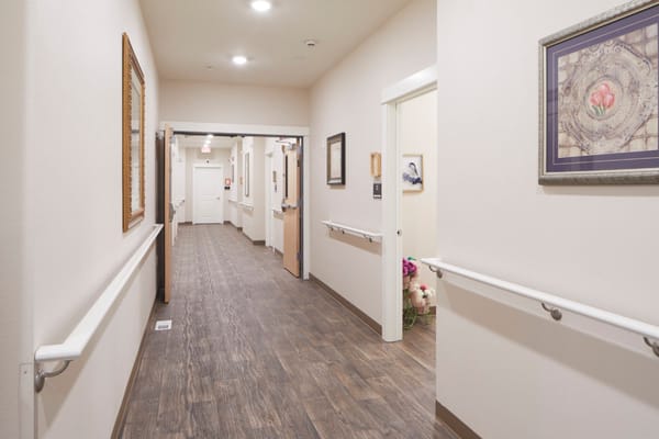 Bright hallway of a memory care facility