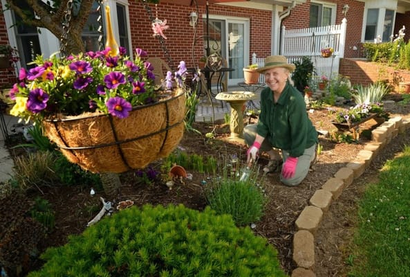 Resident gardening in a colorful flower bed