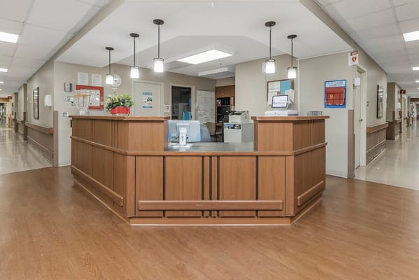 Wooden reception desk with overhead lighting