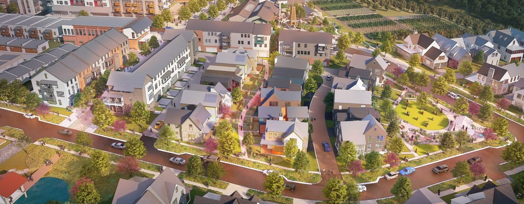 Aerial view of a senior community with homes and gardens