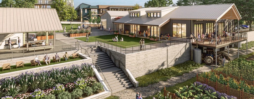 Residents enjoying an outdoor space with landscaped areas