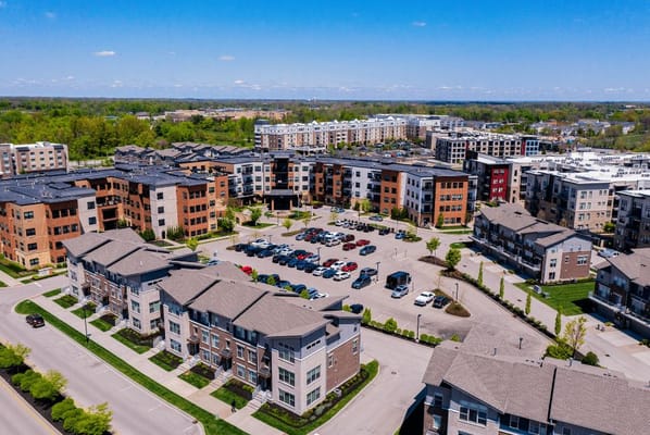 Aerial view of Rose Senior Living Carmel with residential buildings and parking area