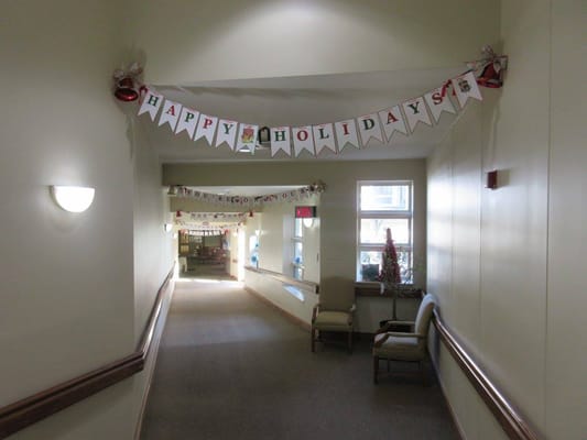 Holiday decorations in a hallway