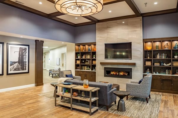 Cozy common area with comfortable seating and fireplace