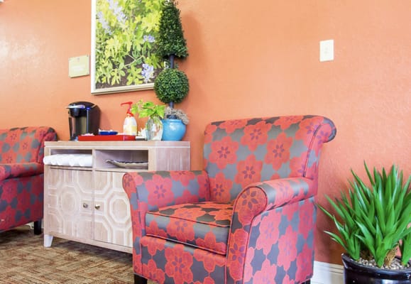 Colorful chairs and decor in a common area