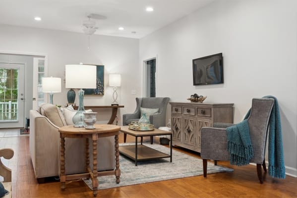 Bright and welcoming common area in a senior living facility