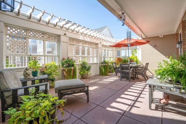 Sunny outdoor patio area with seating and plants