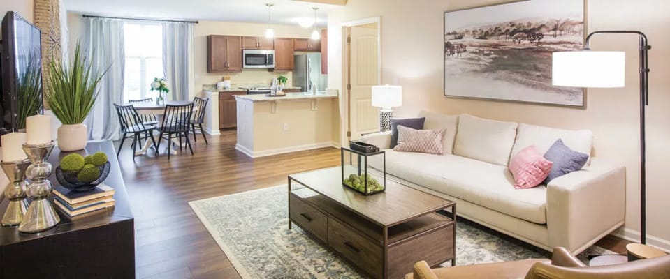 Bright and inviting living room with kitchen