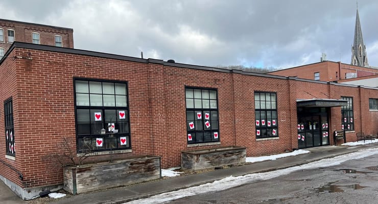 Exterior view of a building with heart decorations