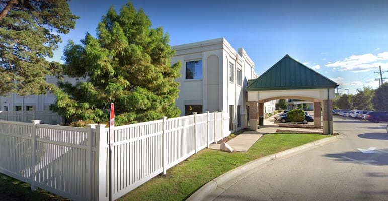 Entrance of a nursing facility with outdoor landscaping