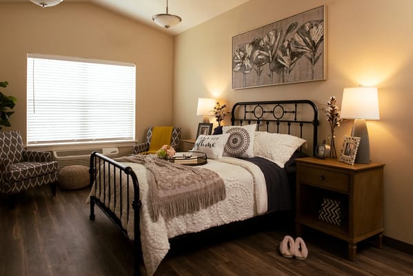 Comfortable bedroom in a memory care facility