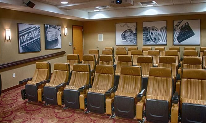 Leather seating in a theater room with movie-themed decor