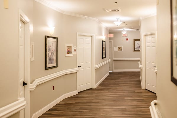 A hallway in a memory care facility