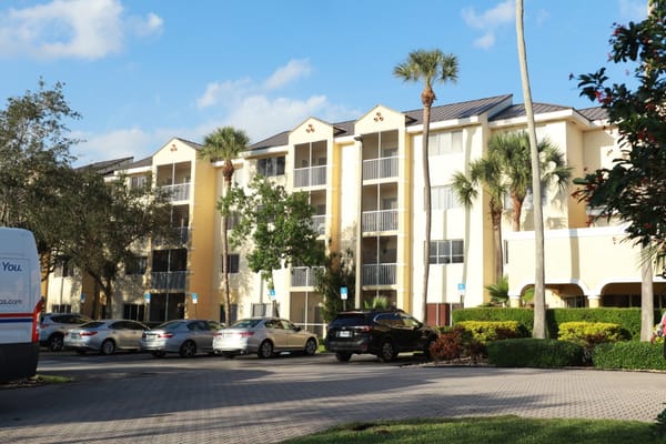Exterior view of a residential building with palm trees