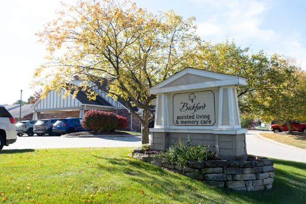 Exterior view of assisted living facility entrance sign