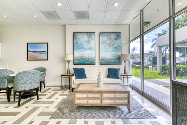 Comfortable interior with seating and artwork