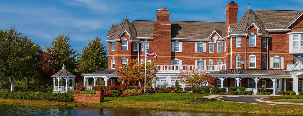Exterior view of a senior living facility with gardens