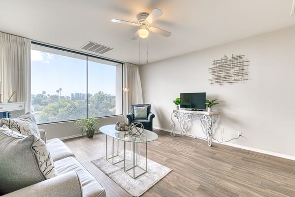 Bright living room with modern decor and large window