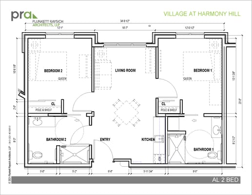 Architectural floor plan of a two-bedroom unit