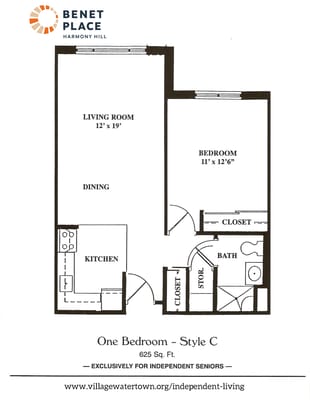 Architectural floor plan of a one-bedroom unit