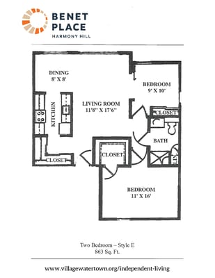 Architectural floor plan of a two-bedroom unit