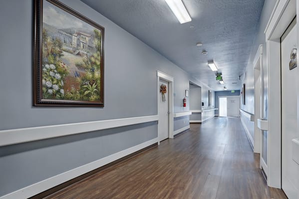 Bright hallway with artwork and wooden floors