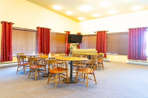 Bright common area with seating and decor