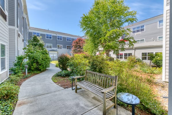 Well-maintained garden path with seating.