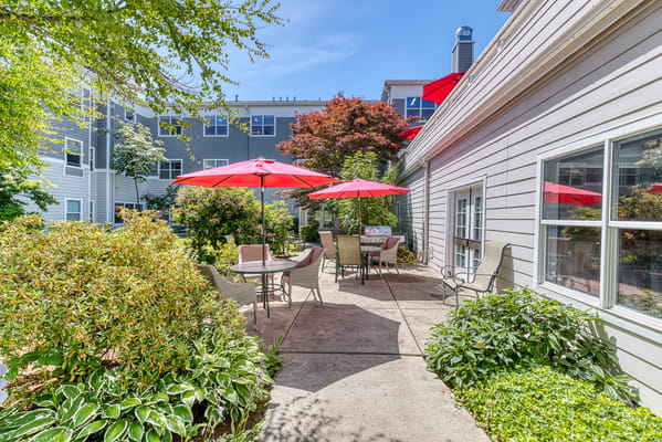 Outdoor patio area with umbrellas and seating