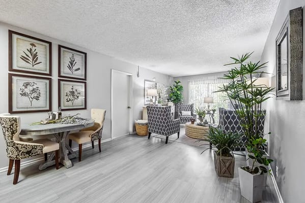 Bright interior common area with seating and decor