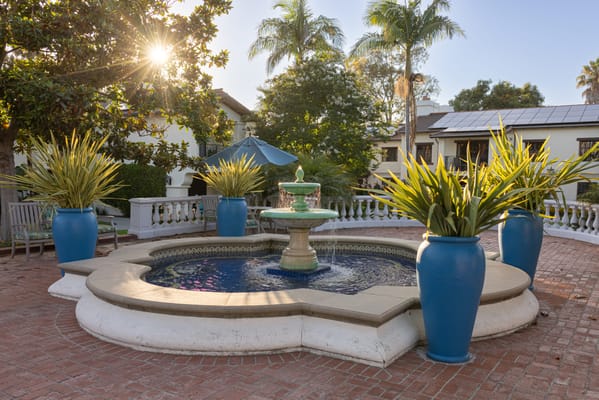 A serene outdoor fountain surrounded by greenery