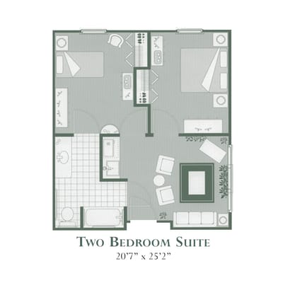 Architectural floor plan of a two-bedroom suite