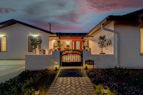 Exterior of a senior living facility at dusk