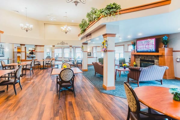 Bright common area with seating and decorations