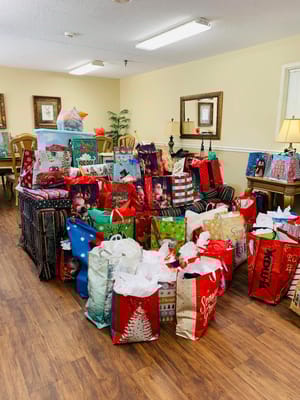 A large display of gift bags in an interior common area