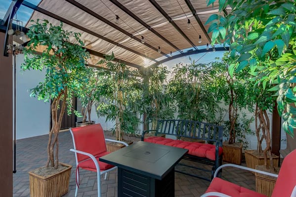 Outdoor seating area with greenery and furniture