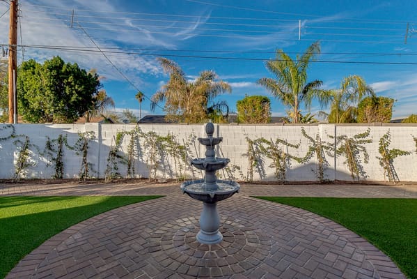 Outdoor garden area with a fountain