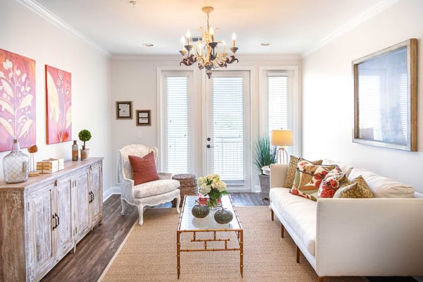 Bright common area with comfortable seating and decor