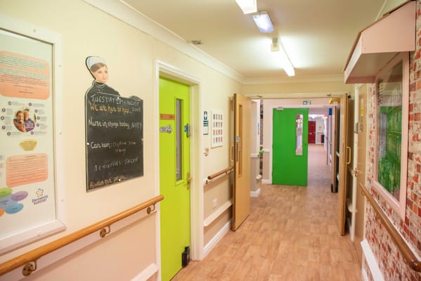 Brightly colored hallway with informational displays