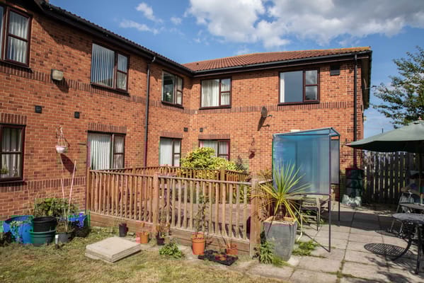 Outdoor space with plants and seating area