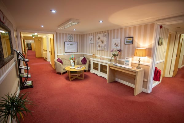 Bright interior common area with seating and decor