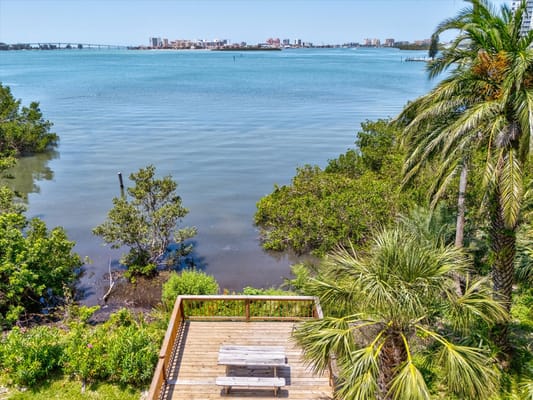 Outdoor seating area overlooking the water