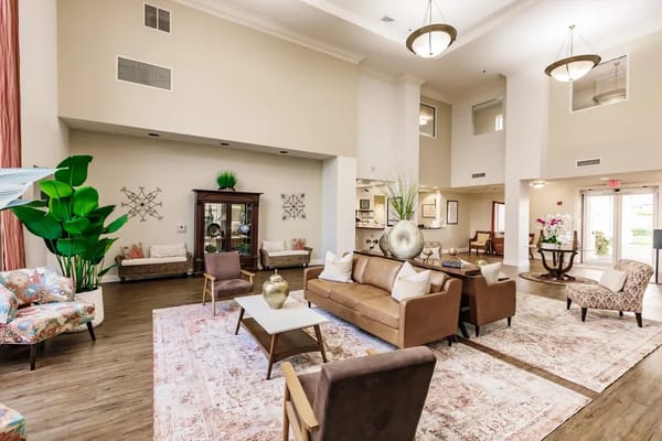 Bright and inviting common area with seating and decor