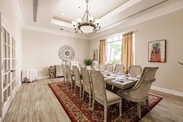 Elegantly set dining room with a large table