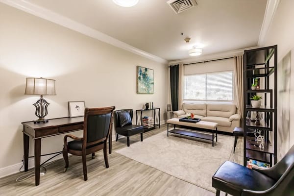 Bright and cozy interior common area with seating