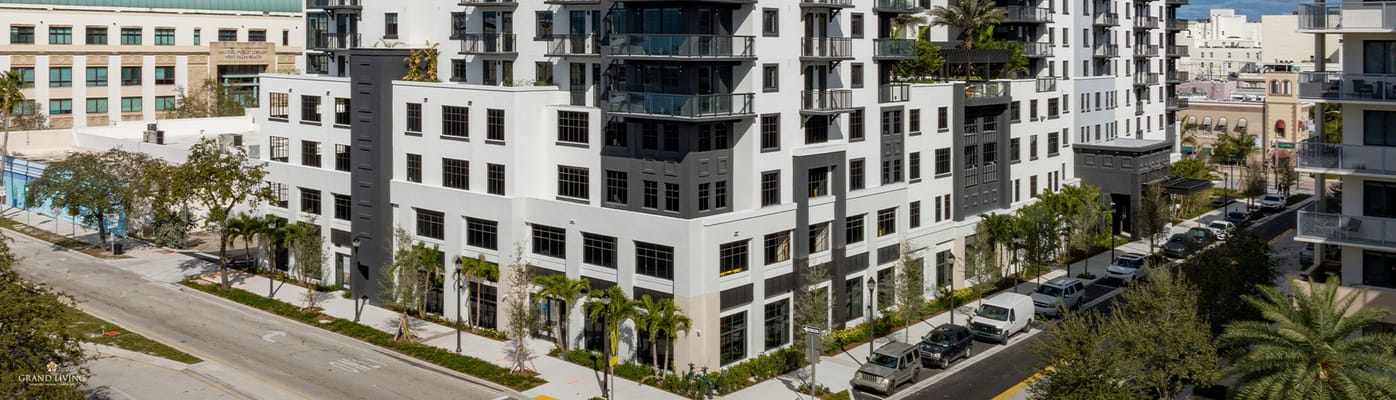 Aerial view of the building exterior at Grand Living