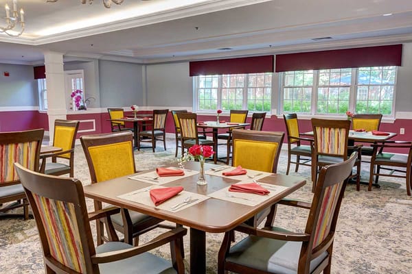 Dining area setup with colorful chairs and tables
