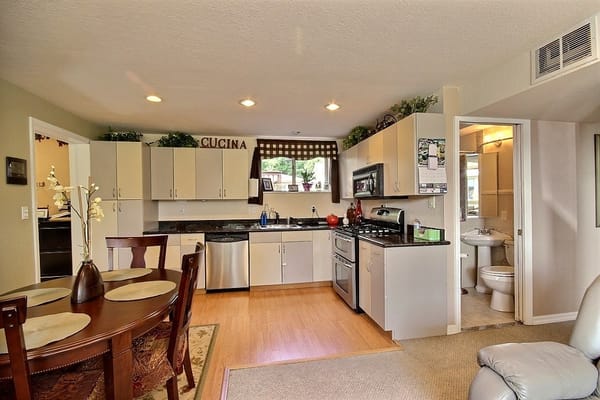 Well-lit kitchen area in a senior living facility