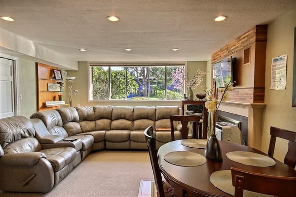 Bright and spacious common area with seating